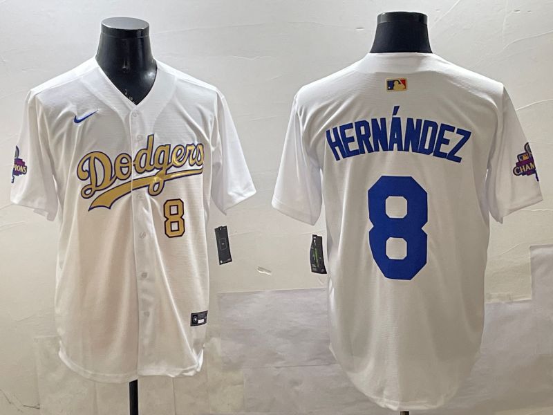 Men Los Angeles Dodgers #8 Hernandez White Champion gold character 2025 Nike MLB Jersey style 3316->los angeles dodgers->MLB Jersey